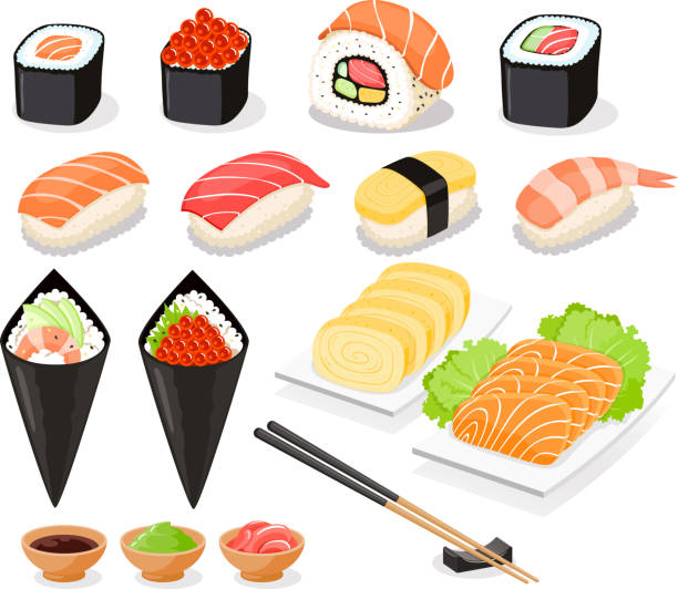 illustrations, cliparts, dessins animés et icônes de sushi collection asie icônes alimentaires. illustrations vectorielles. - illustrations de sushi