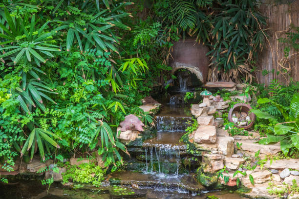 istock The small decorative waterfall with various plants and decorations 1266222751