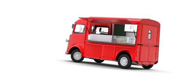 red vintage food truck on blue background 3d rendering - mobile work imagens e fotografias de stock