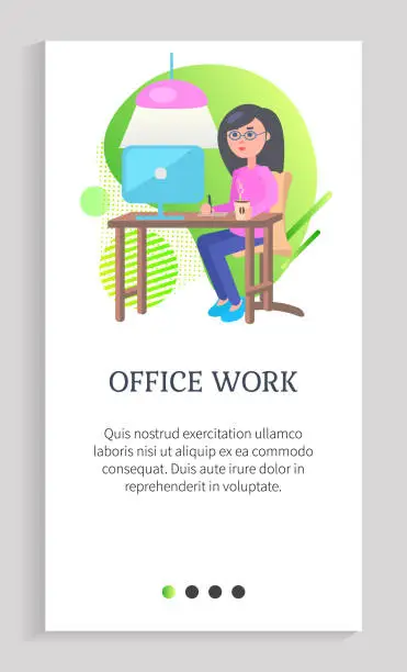 Vector illustration of Office Work, Woman Working on Laptop Vector Web