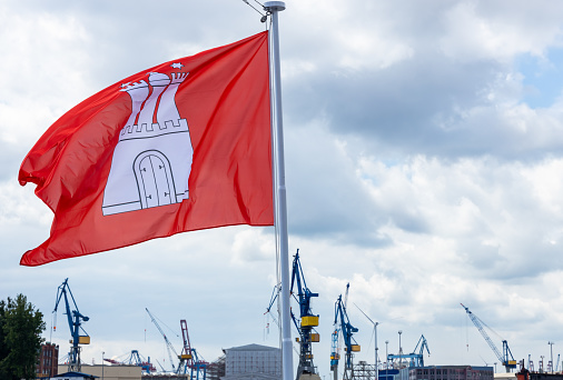 Hamburg, Germany - June 8, 2020: The official Hamburg Flag on a ship in the Harbor.