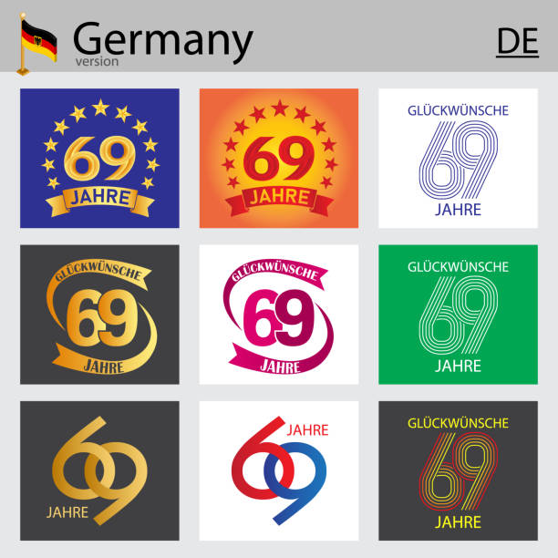 German set of number 69 templates German set of number sixty-nine years (69 years) celebration design. Anniversary vector number template elements for your birthday party $69 stock illustrations