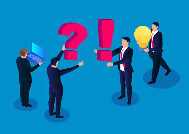 Vector illustration of Ask questions and solve problems, a group of businessmen raised new issues, another group of businessmen holding a bright light bulb to solve the problem