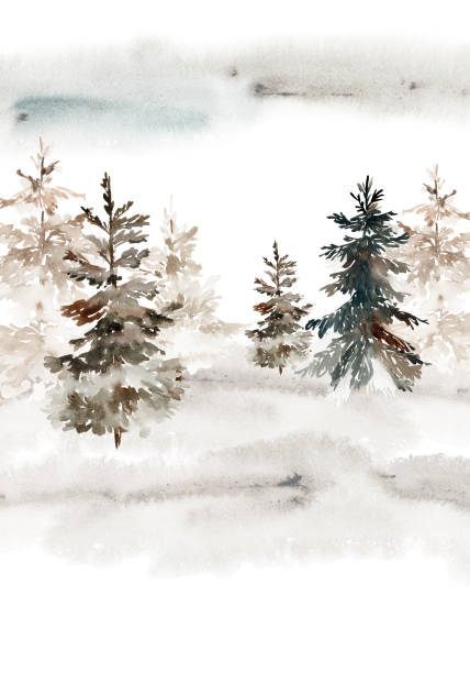 ilustraciones, imágenes clip art, dibujos animados e iconos de stock de tarjeta de navidad acuarela con paisaje de invierno - winter scape