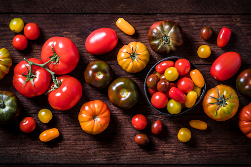 Top view of various kinds of tomatoes in a horizontal row against a rustic wooden table. The tomatoes are mixed by varieties, sizes and colors. Predominant colors are red, orange and yellow. Studio shot taken with Canon EOS 6D Mark II and Canon EF 24-105 mm f/4L