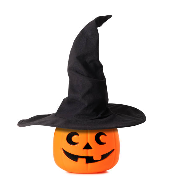 Jack O Lantern Halloween pumpkin with witches hat isolated on white background