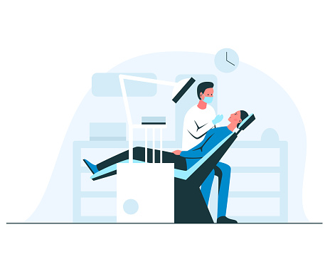 Male dentist working in a dental office. Vector concept illustration of a dentist in mask and gloves examining young woman sitting in a dentist chair. Woman at a doctor appointment at a dental clinic