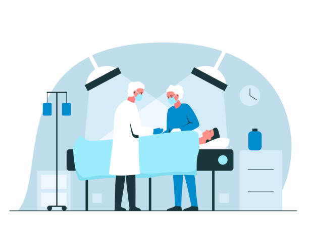 Male surgeon and nurse performing an operation in surgery room in a hospital. Vector concept illustration of a man under the lights anesthetized Male surgeon and nurse performing an operation in surgery room in a hospital. Vector concept colorful illustration of a man under the lights anesthetized surgery stock illustrations