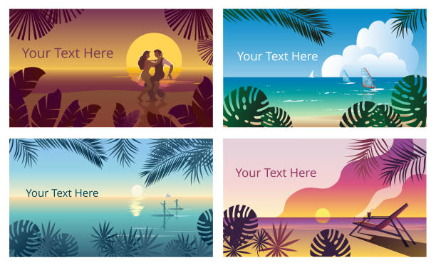 tropikalny krajobraz z zachodem słońca nad morzem i leżakiem. - windsurfing obrazy stock illustrations