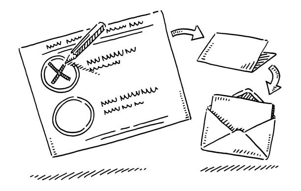 Absentee Vote Ballot And Envelope Drawing Hand-drawn vector drawing of a Absentee Vote infographic with a pencil, Ballot And Envelope. Black-and-White sketch on a transparent background (.eps-file). Included files are EPS (v10) and Hi-Res JPG. voting drawings stock illustrations