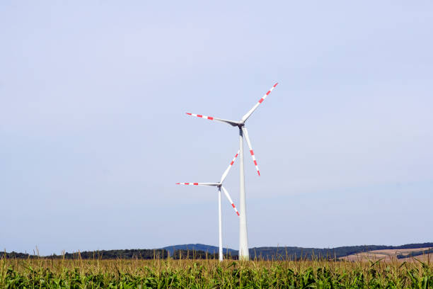Wind turbines between Austria and Slovakia close to the border generating power.