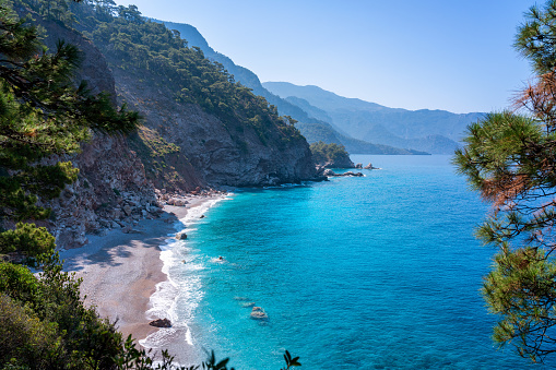 Beautiful beach with turquoise water, surrounded by high cliffs, the beauty of wildlife