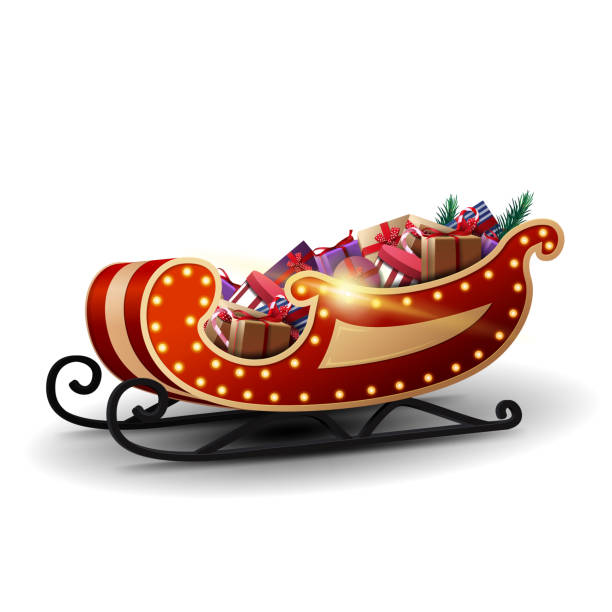 moderner weihnachtsmannschlitten mit gelben lichtern und vielen geschenken isoliert auf weißem hintergrund - sleigh stock-grafiken, -clipart, -cartoons und -symbole