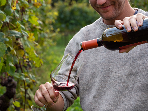 Young man pouring red wine in glass while in vineyard in Autumn