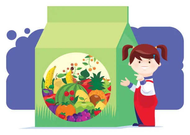 Vector illustration of girl presenting with fruits drink box