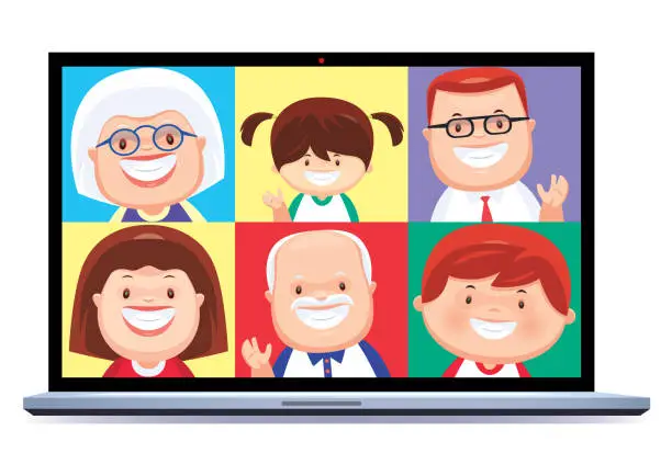 Vector illustration of family video chatting via laptop