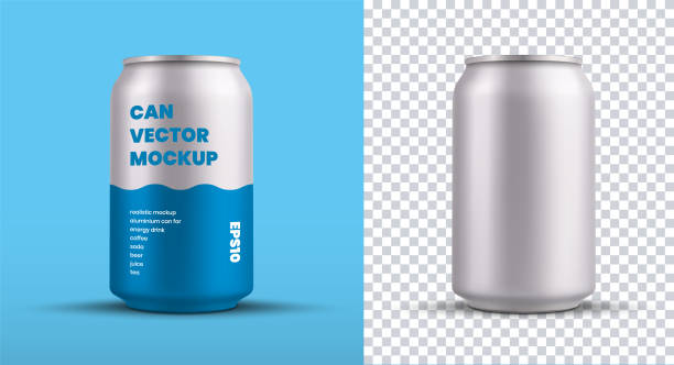 Mockup of a small tin can with an energy drink with a blue pattern, for design presentation, vector silver shiny shiny water bottle. Mockup of a small tin can with an energy drink with a blue pattern, for design presentation, vector silver shiny shiny water bottle. Template of aluminum beverage container isolated on background. Set aluminum sign mockup stock illustrations