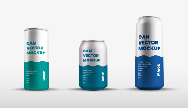 Mockup of vector tin cans with presentation of color design, aluminum water bottle. Mockup of vector tin cans with presentation of color design, aluminum water bottle. Set containers 250, 330, 500 ml for soda, refreshing drink. Shiny silver pack template with realistic shadows. aluminum sign mockup stock illustrations