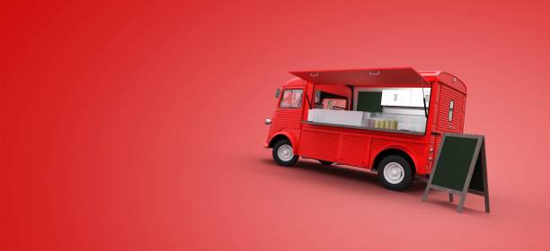 istock red vintage food truck on red background 3D rendering 1266260043