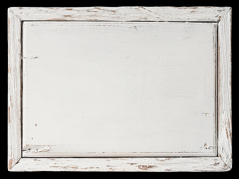 Old weathered white teak wood sign/signboard wood panel against an isolated black background. Lots of texture, and worn wood character Good copy space. Isolated on black, clipping path included.