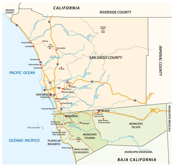 Road vector map of the cross-border agglomeration San Diego-Tijuana, Mexico, United States Road vector map of the cross-border agglomeration San Diego-Tijuana, Mexico, United States san diego stock illustrations