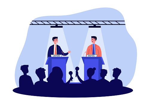 Political opponents arguing on debates. Two politicians speaking on stage before audience and journalists. Vector illustration for politics, controversy, president election concept