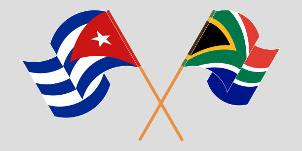 ilustraciones, imágenes clip art, dibujos animados e iconos de stock de banderas cruzadas y ondeando de cuba y república de sudáfrica - flagged