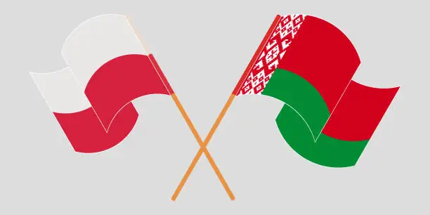 Vector illustration of Crossed and waving flags of Belarus and Poland