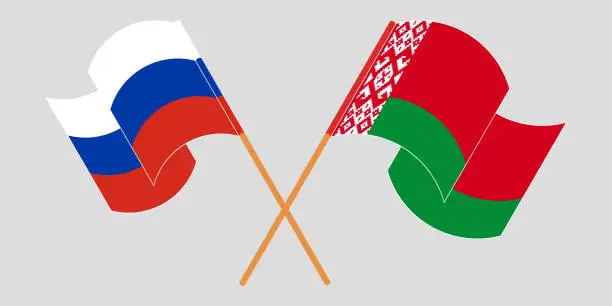 Vector illustration of Crossed and waving flags of Belarus and Russia