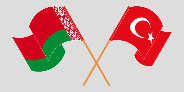 Vector illustration of Crossed and waving flags of Belarus and Turkey