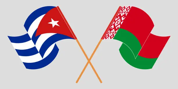 Vector illustration of Crossed and waving flags of Cuba and Belarus