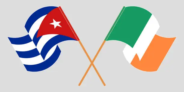 Vector illustration of Crossed and waving flags of Cuba and Ireland