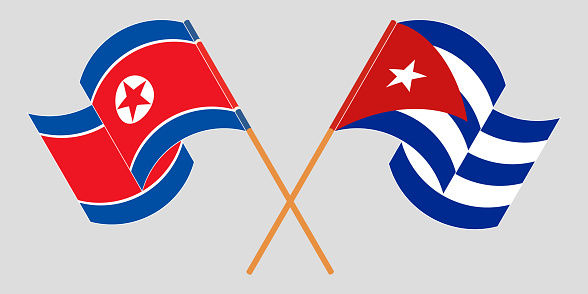 Crossed and waving flags of Cuba and North Korea. Vector illustration