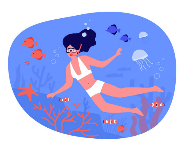 ilustrações de stock, clip art, desenhos animados e ícones de woman in swimsuit and scuba diving mask - lifestyle sports and fitness travel locations water