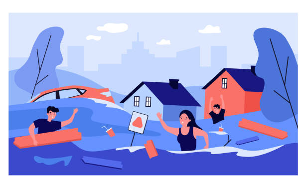 Scared people in flooded suburb street Scared people in flooded suburb street. Houses, cars, rubbish floating on water. Vector illustration for natural flood disaster, tsunami, emergency, river overflow concepts flooded home stock illustrations