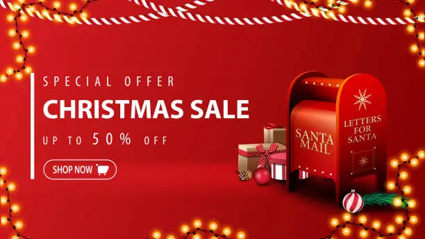 Vector illustration of Special offer, Christmas sale, up to 50% off, modern red discount banner in minimalistic style with Christmas garlands and Santa letterbox with presents