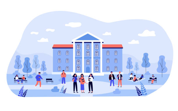 Students spending time in campus near college building Students spending time in campus near college building. Young people standing together, talking, sitting on bench or blanket on grass. Vector illustration for school, education, studentship concept campus stock illustrations