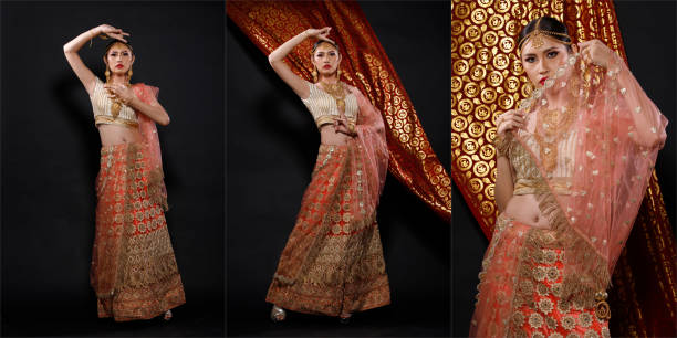 indien traditionelle kostüm hochzeit brautkleid auf schöne frau portrait - schönheitskönigin stock-fotos und bilder