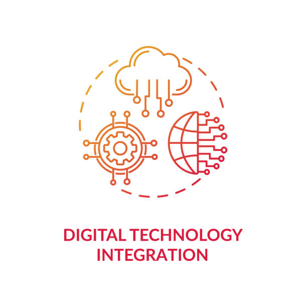 Digital technology integration red gradient concept icon Digital technology integration red gradient concept icon. Remote database. Digital transformation for education. Electronics idea thin line illustration. Vector isolated outline RGB color drawing dx stock illustrations