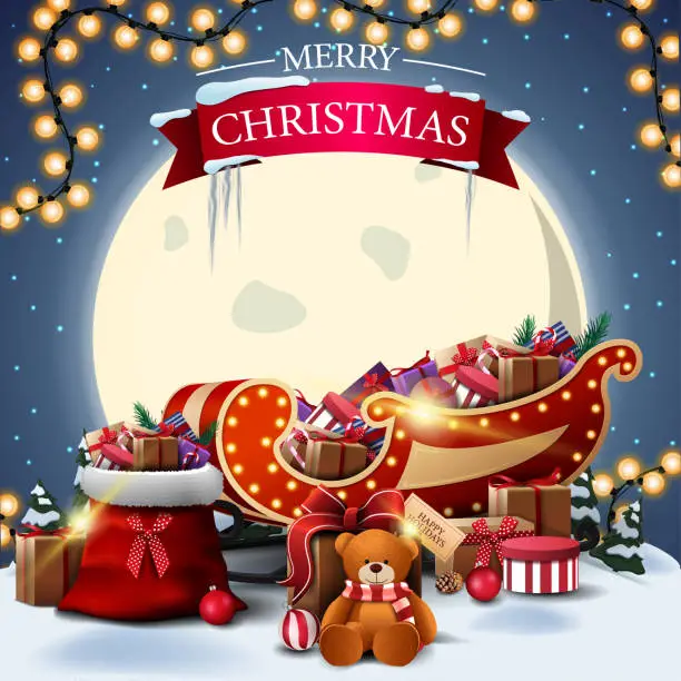 Vector illustration of Merry Christmas, square postcard with winter landscape, big yellow moon, Santa Claus bag and Santa Sleigh with presents