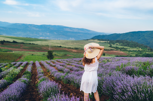 Young caucasian beautiful woman in lavender field.