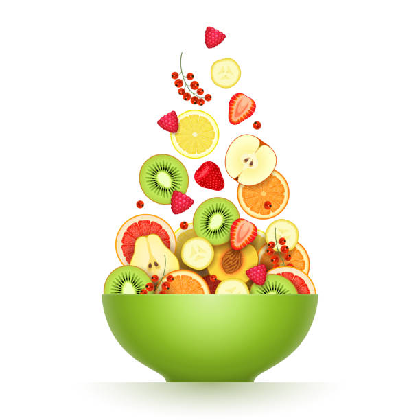 Various ripe fruits and berries are falling in large green bowl Various fresh ripe fruits and berries are falling in large green bowl over white background. Salad cooking, raw food diet, low calorie products, vegetarian food concept strawberry salad stock illustrations