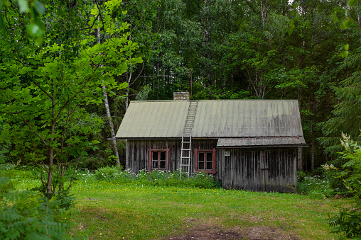 Matku / Finland - July 01 2020: Old small wooden summerhouse in middle of forest.