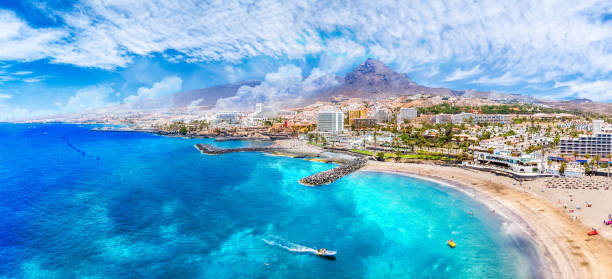 vista aerea con la spiaggia di las americas a costa adeje - tenerife foto e immagini stock