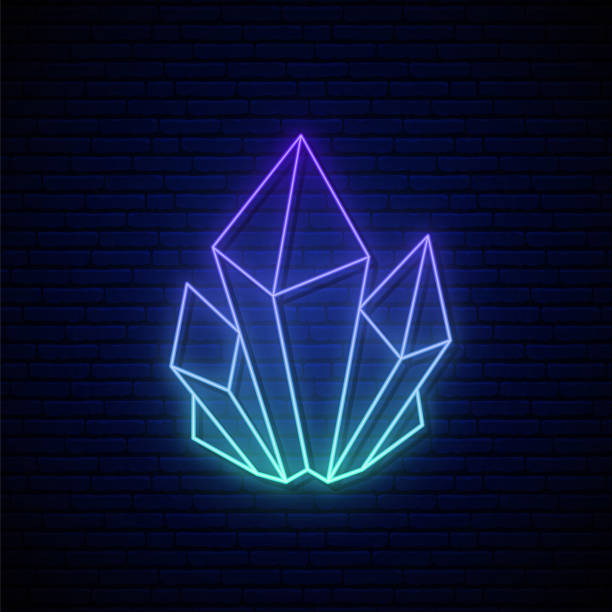 ilustrações, clipart, desenhos animados e ícones de sinal de neon cristal. emblema de cristal brilhante azul. conceito de cultivo de minerais ou cristais no estilo neon. ilustração vetorial de estoque. - crystal bright diamond gem