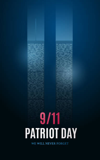 patriot-tag-banner mit hellen gebäude silhouetten auf blauem hintergrund. 11. september, amerikanischer gedenktag. vektor-illustration. - twin towers manhattan stock-grafiken, -clipart, -cartoons und -symbole