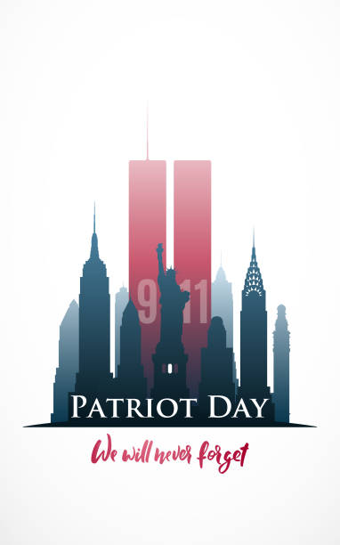 patriot-tag-plakat. wir werden es nie vergessen. new york city 11. september 2001. vektor-illustration. - twin towers manhattan stock-grafiken, -clipart, -cartoons und -symbole