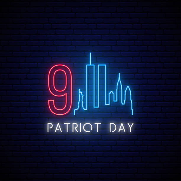 Patriot Day neon signboard. September 11, 2001. Glowing New York skyline. Stock vector illustration. Patriot Day neon signboard. September 11, 2001. Glowing New York skyline. Stock vector illustration. 2001 stock illustrations