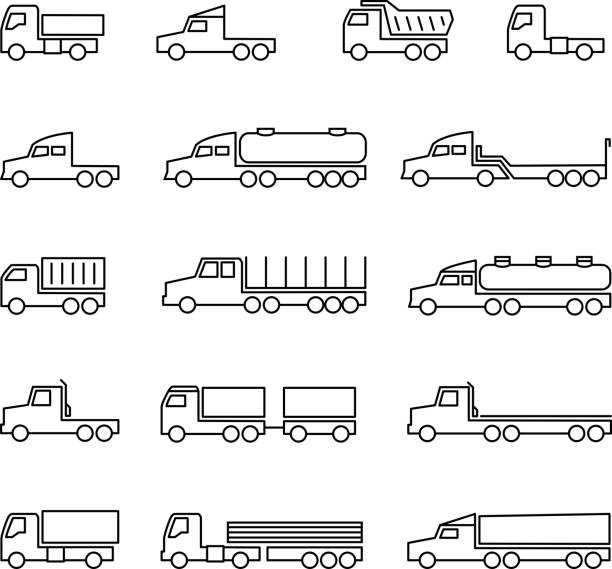트럭 라인 아이콘. 배달 트레일러, 화물 트락크, 덤퍼 및 밴. 격리된 심볼의 운송 벡터 개요 - truck semi truck car transporter vehicle trailer stock illustrations