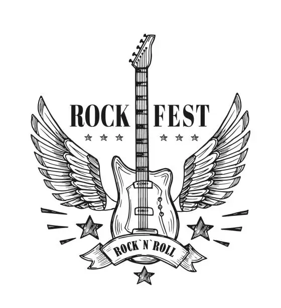Vector illustration of Guitar with wings. Music festival vintage poster. Rock and roll tattoo vector art